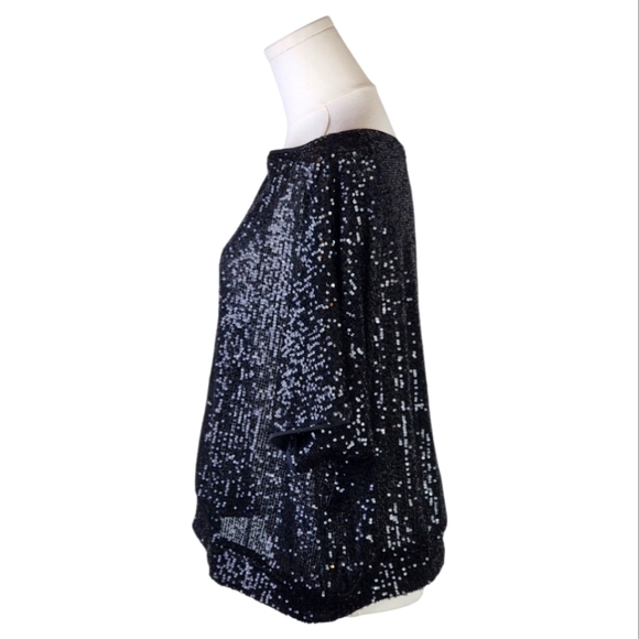 Venus Black Sequin Batwing Top XL Sparkly Semi-Sheer Party Blouse Glam - Picture 3 of 8